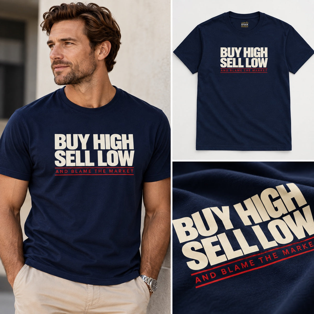 Buy High Sell Low T-shirt – börshumor och aktietröja från Stock Merch