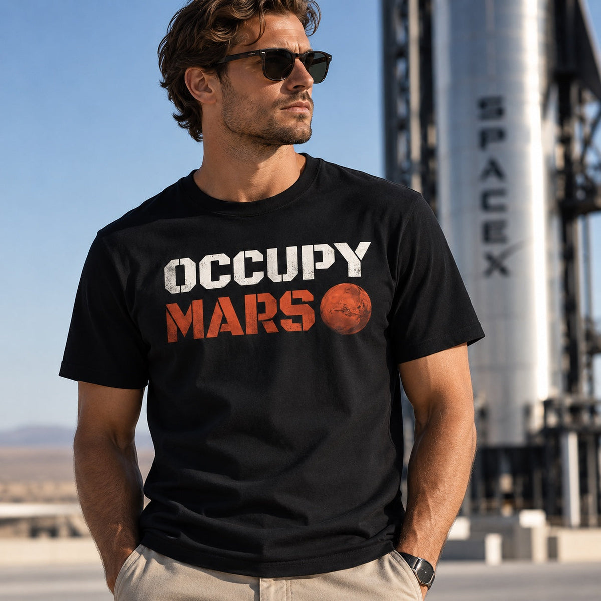 Occupy Mars T-shirt på modell – rymd och tech